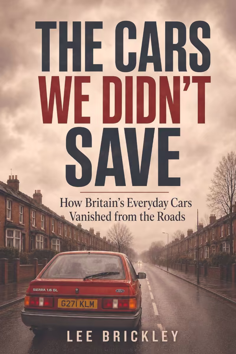 Front cover of The Cars We Didn't Save by Lee Brickley, showing a red Ford Sierra on a terraced street